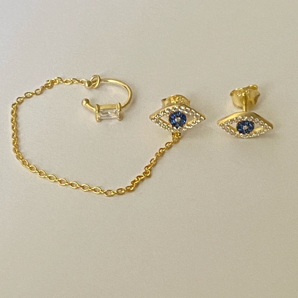 925 Sterling silver evileye cz earrings with cuff - Picture 2 of 3